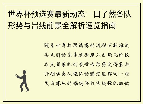 世界杯预选赛最新动态一目了然各队形势与出线前景全解析速览指南